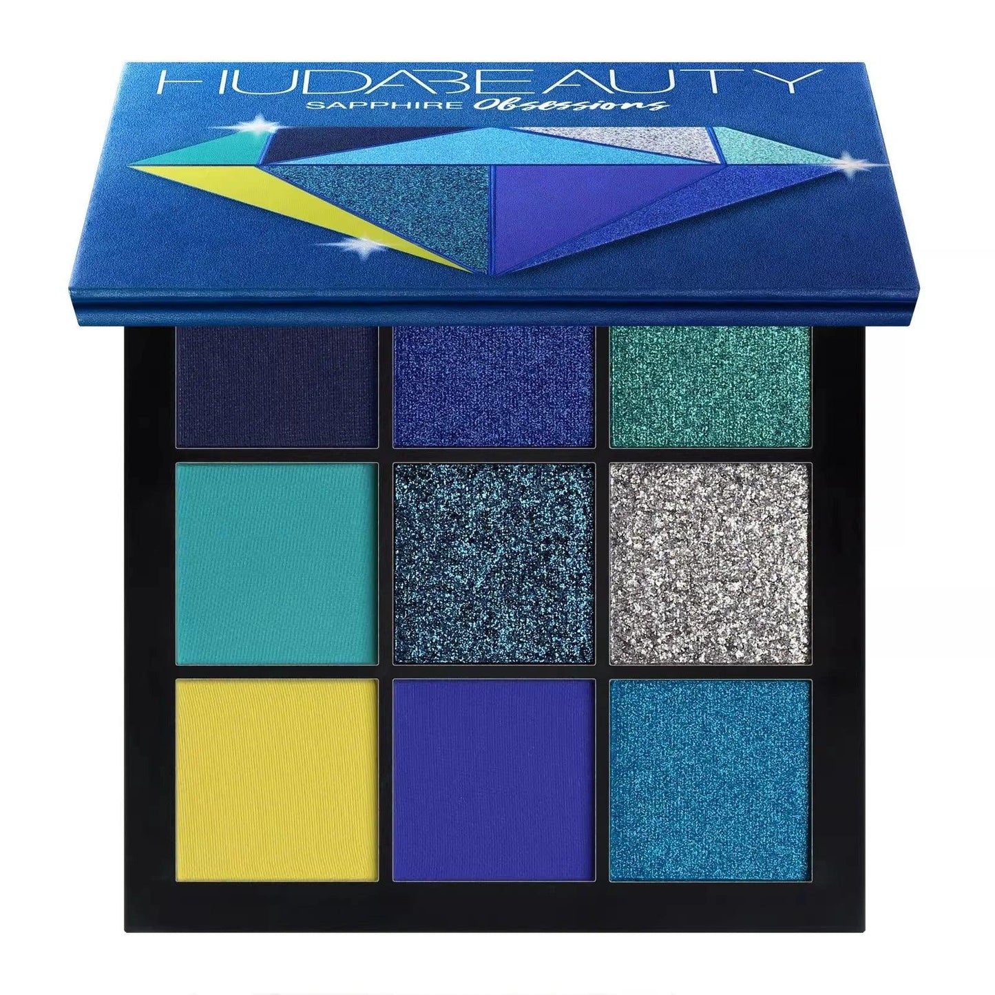 Paleta de sombras de ojos con tonos azules, verdes, plateados y amarillos, acabado brillante.