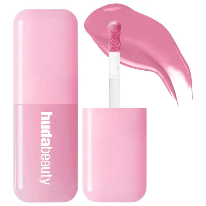 Brillo labial líquido rosa con aplicador y envase moderno, maquillaje para labios