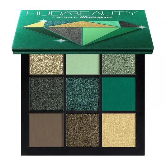 Paleta de sombras de ojos verde con tonos metálicos, mate y brillantes, nueve colores.