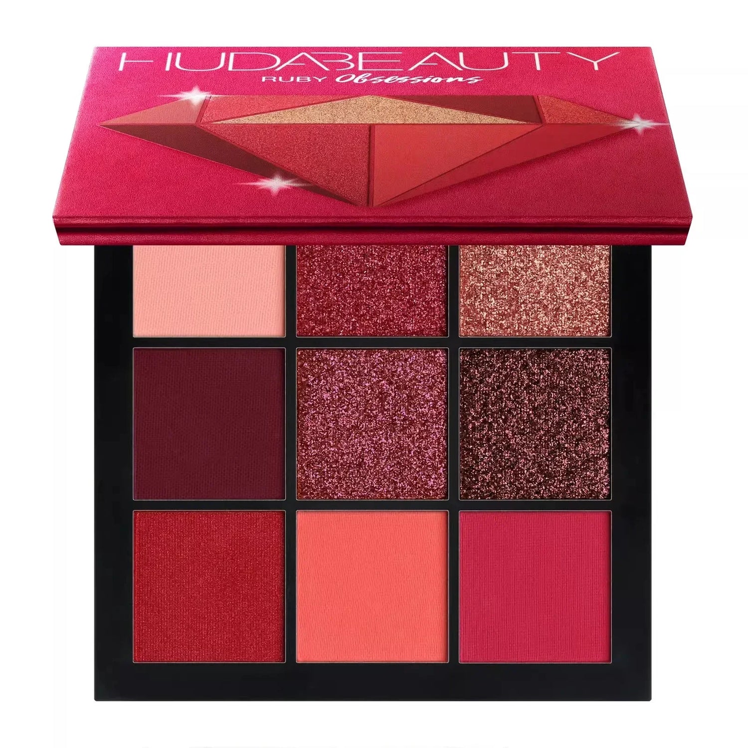 Paleta de sombras de ojos Huda Beauty Ruby Obsessions con tonos rojos y brillantes.