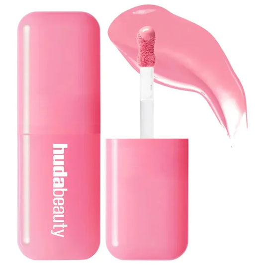 Brillo labial líquido rosa con aplicador y envase rosa, maquillaje de labios